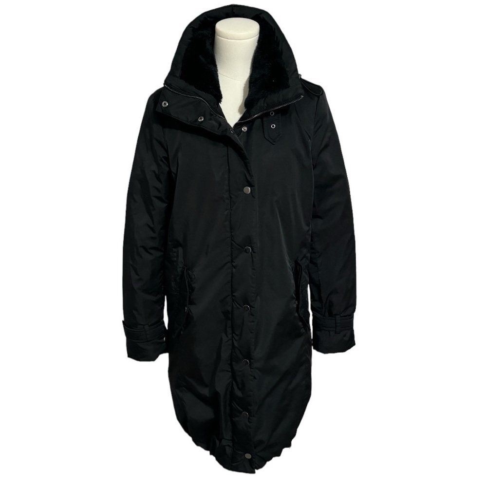 ZARA‎ Black Down Coat Long Jacket hood Winter Snow size XS Extra Small Faux Fur